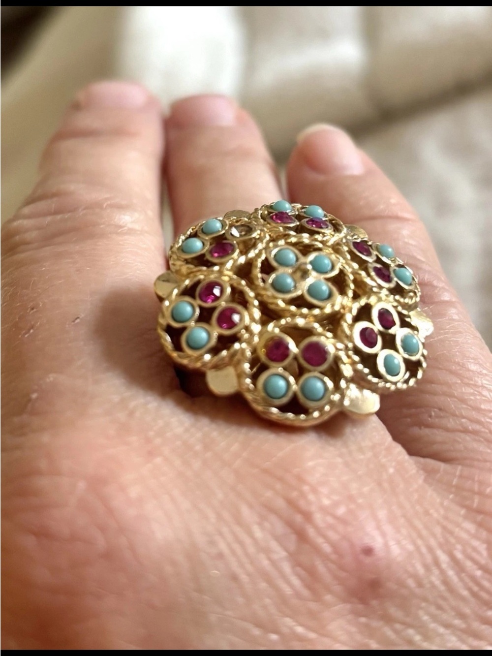 Vintage Sarah Coventry 1971 Ring cluster ring, gold, Turquoise & Pink